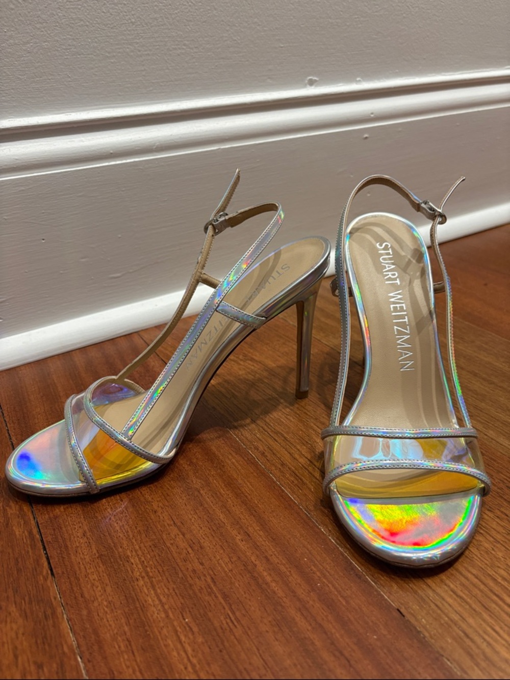 Stuart Weitzman Iridescent Holographic Strappy Stiletto Sandals - Silver - 8.5